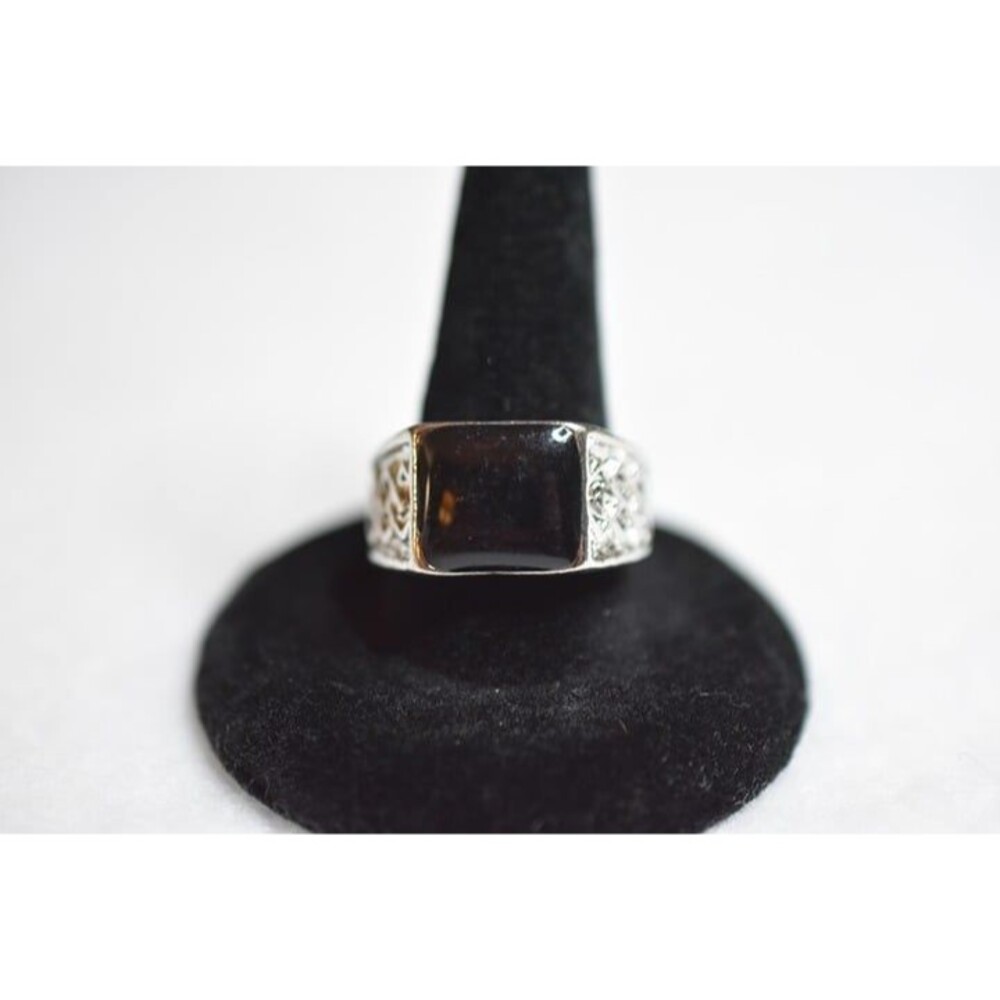 Gothic Statement Black Polished Stone Engraved Silver Tone Band Size 8 Punk Ring